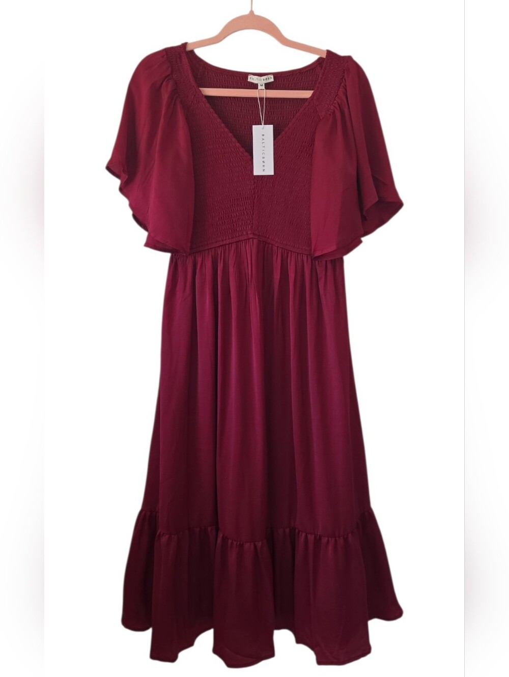 NWT Baltic Born Lovell Smocked Midi Dress Wine Red Size M - Picture 7 of 10